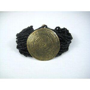 Black Beaded Bracelet Round Brass Spiral Button Closure Boho Hippie Glass